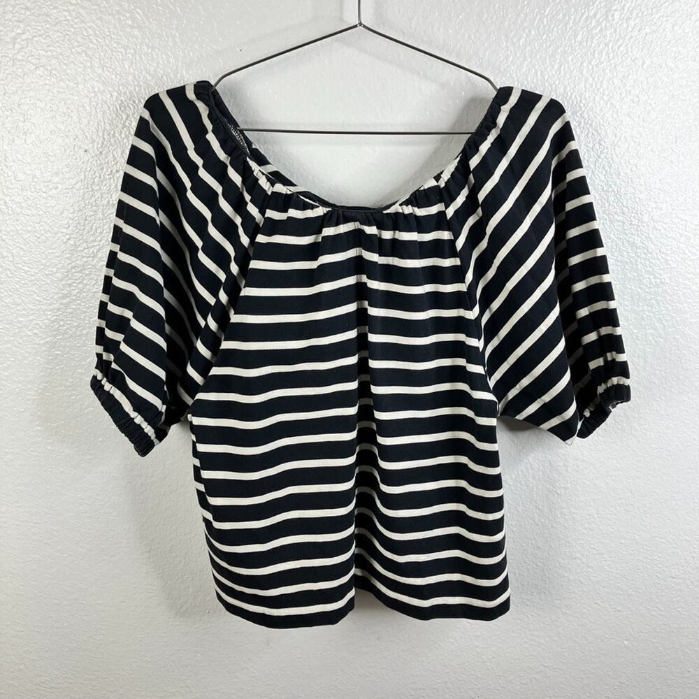 J. Crew Breton Stripe Shirt Sz M Black Balloon Sleeve Nautical Preppy Beach Boho
